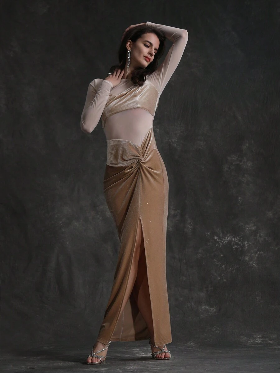 SHEIN Unity Lưới Cái nĩa cao Đầm - Rượu sâm banh - Xem 1