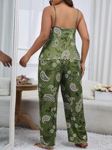大尺碼女士綠色印花背心上衣和長褲套裝 - 綠色 - 查看 3
