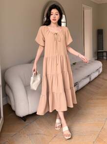 DAZY Women's Short Puff Sleeve A-Line Dress With Round Neck And Belt Design Sundress