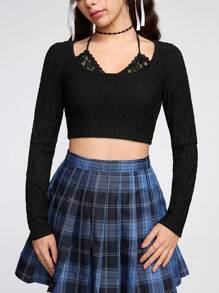 ROMWE Kawaii 復古性感二合一緊身長袖t恤女裝 - 黑色 - 查看 5