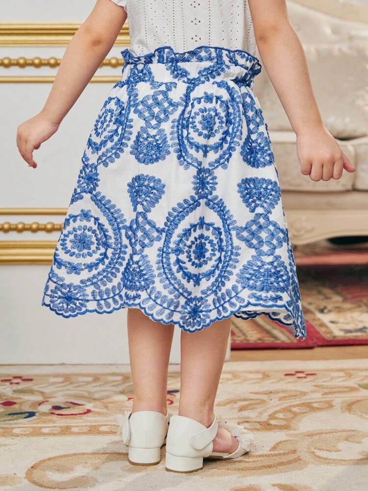 Young Girl's Vintage Embroidery Elastic Waist Skirt With Frill Edge