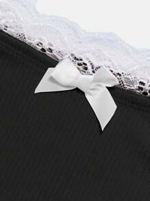 SHEIN Girlism 少女用肋式編織拼接和色塊花邊修飾的方領短袖T卹 - 黑色 - 查看 6