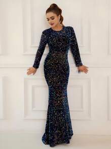 Navy Sequined Mermaid Maxi Evening Dress, Long Sleeve Round Neck, Wedding Event Dress, Formal Prom Gown, For Wedding Guest, Graduation, Dinner - Navy Blue - View 3