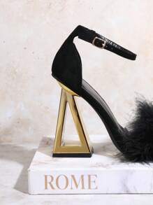 Vixey 女士时尚可爱蓬松毛绒露趾踝带高跟凉鞋春季鞋春假复活节舞会高跟鞋 - 黑色 - 查看 5