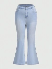 ROMWE Kawaii Plus Size Women's Front Water Wash Flared Jeans In Blue - Blue - View 1