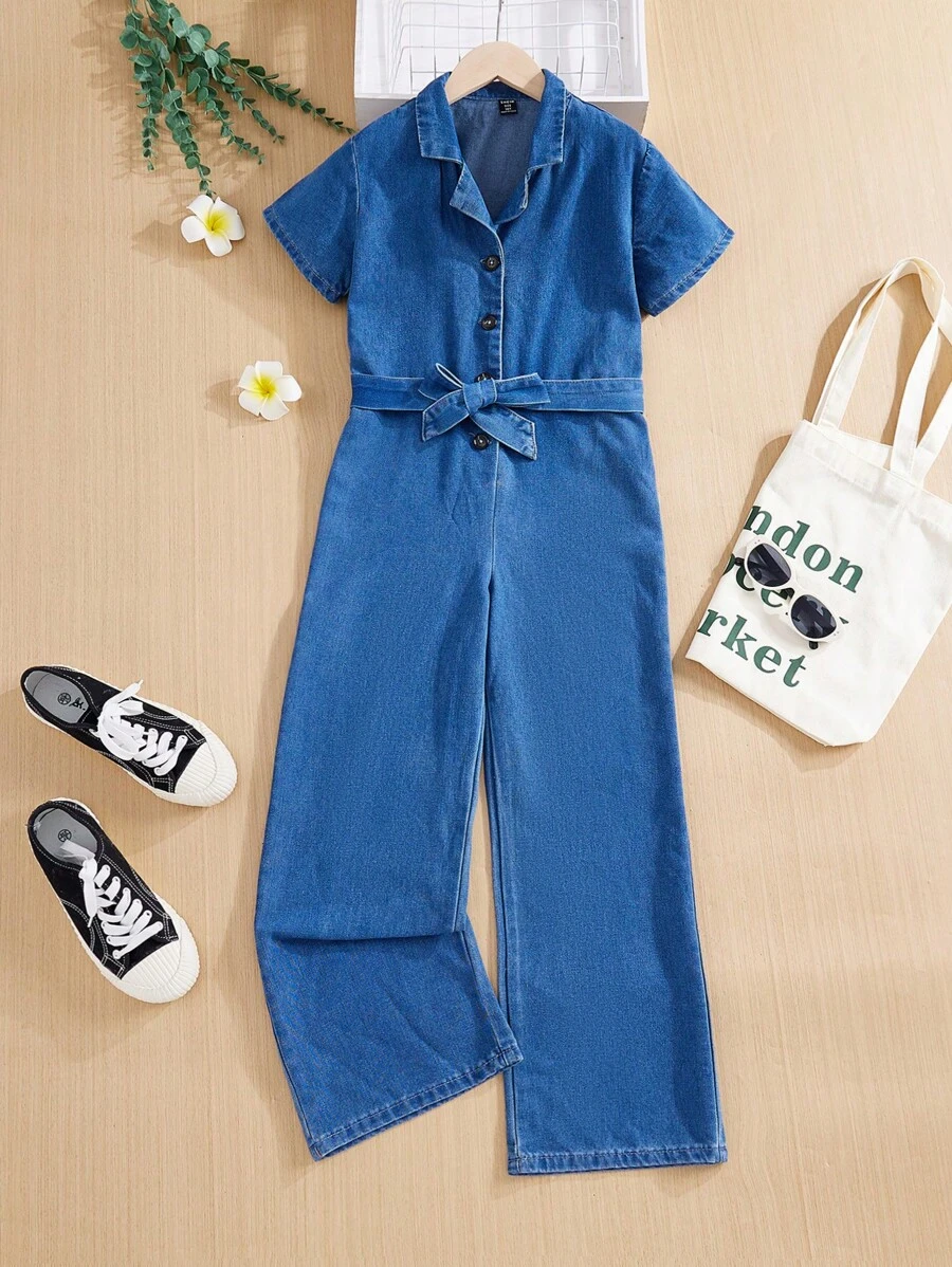 SHEIN Tween Girls' Casual Denim Short Sleeve Shirt Jumpsuit