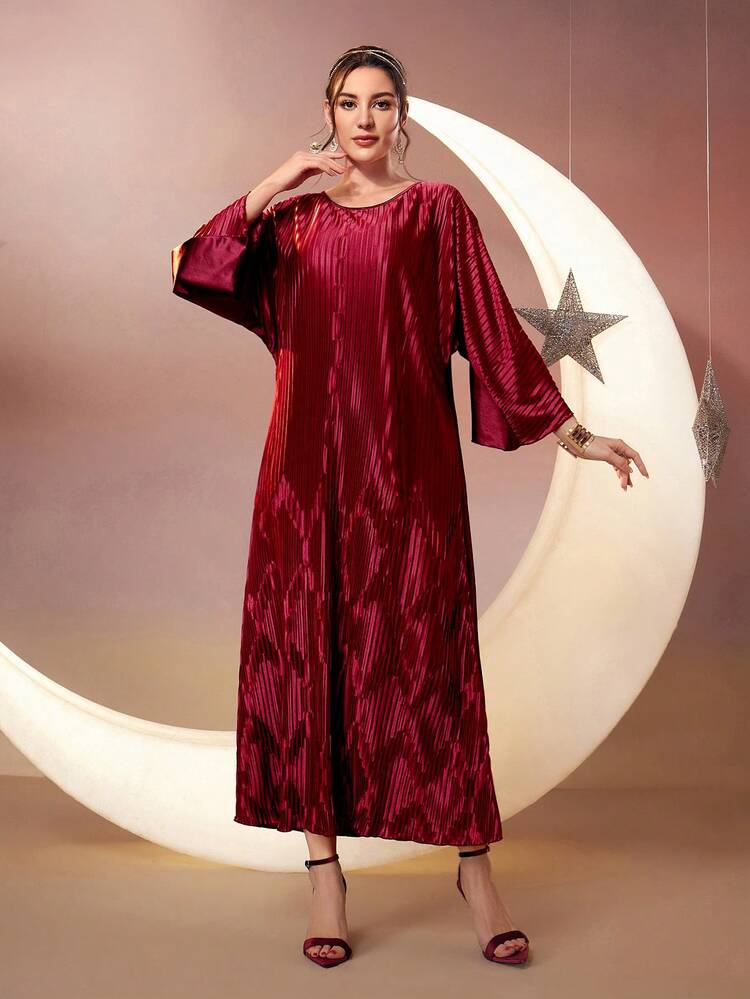 Burgundy Red Women's Solid Color Round Neck Batwing Sleeve Dress, Elegant Evening Party Dress Long Evening Dresses