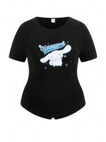 HELLO KITTY AND FRIENDS | SHEIN 卡通和字母圖形連體衣（加大尺碼） - 黑色 - 查看 1