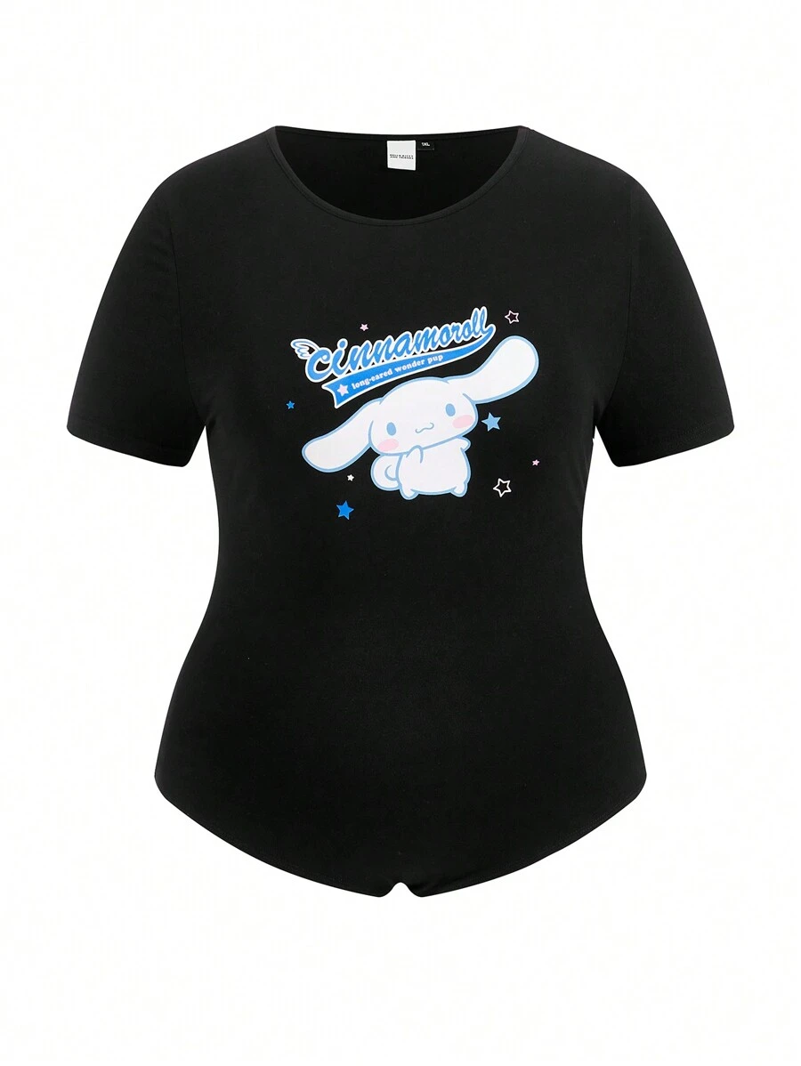 HELLO KITTY AND FRIENDS | SHEIN 卡通和字母圖形連體衣（加大尺碼） - 黑色 - 查看 1