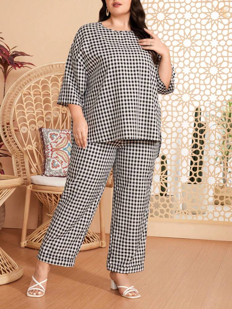 Plus Size Women's Plaid Drop Shoulder Top And Pants Set 2 Piece Set