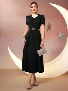 Modelyn 女款泡泡袖收腰洋裝 - 黑與白 - 查看 5