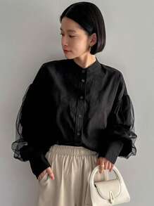 FRIFUL 女式波尔卡圆点网眼撞色灯笼袖衬衫长袖上衣 - 黑色 - 查看 4