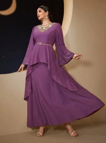 Modelyn 大码女式圆领花卉贴花装饰喇叭袖连衣裙，优雅晚会礼服长款晚礼服 - 紫色 - 查看 8