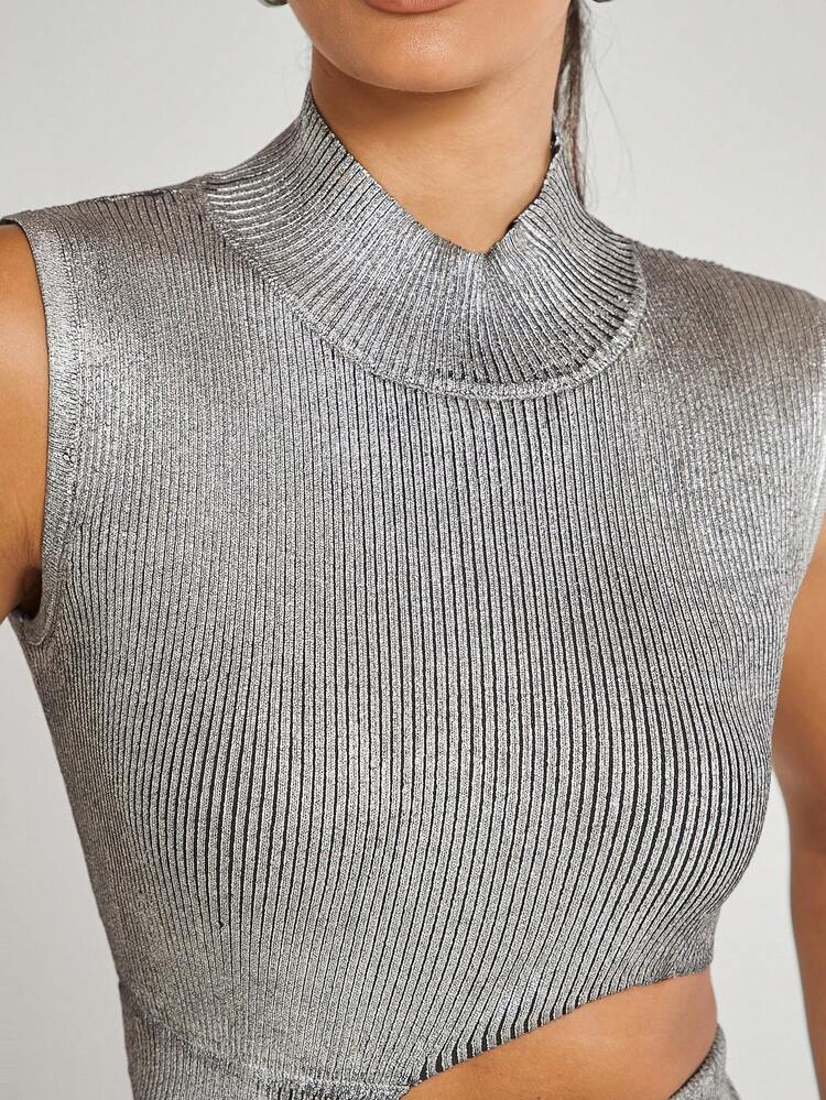 Buckle Cut Out Metallic Ribbed Dress