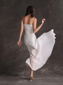 Anewsta Women's Strapless Sequin Patchwork Slit Dress - White - View 2