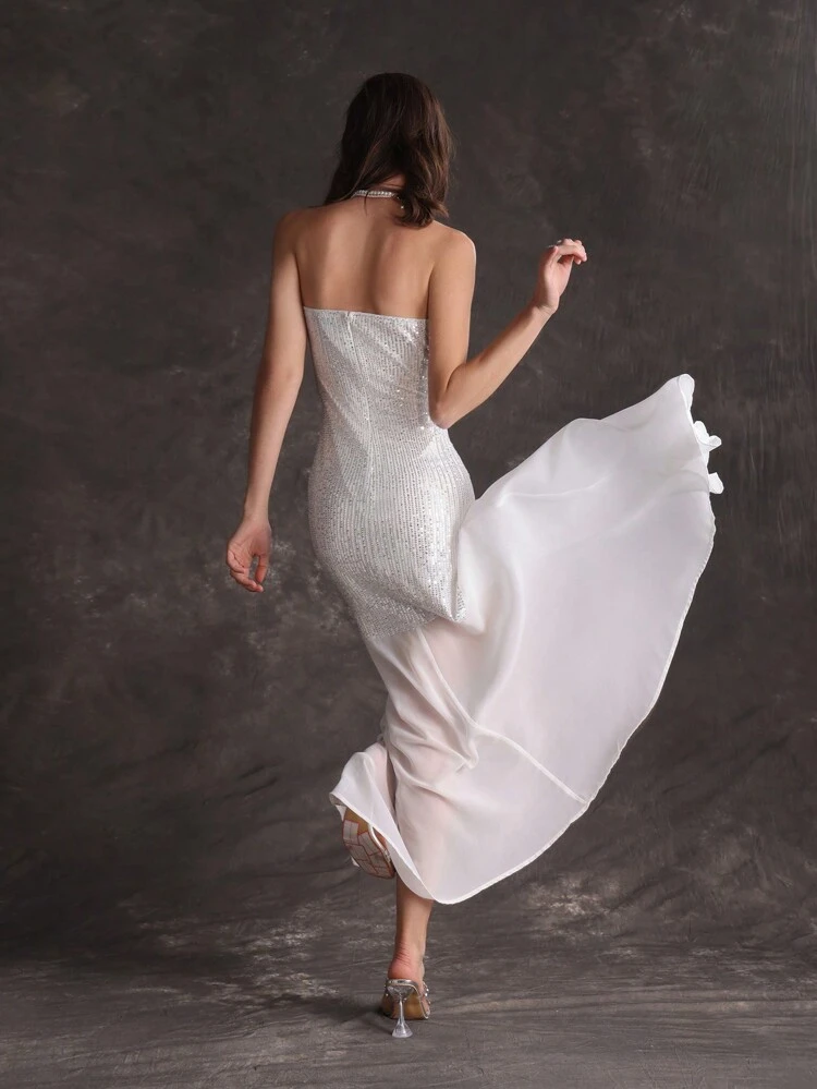 Women's Strapless Sequin Patchwork Slit Dress