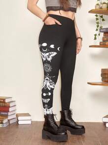 ROMWE Hippie Plus Size Women's Moth Patterned Tights With Sun, Moon, And Stars Printing - Black - View 1