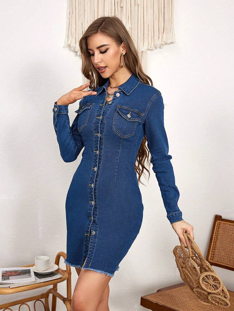 Women's Slim-Fit Denim Dress With Frayed Hem