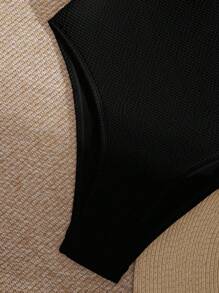 SHEIN Swim 夏季沙灘女士無肩帶單件泳衣，前面有束繩設計 - 黑色 - 查看 3