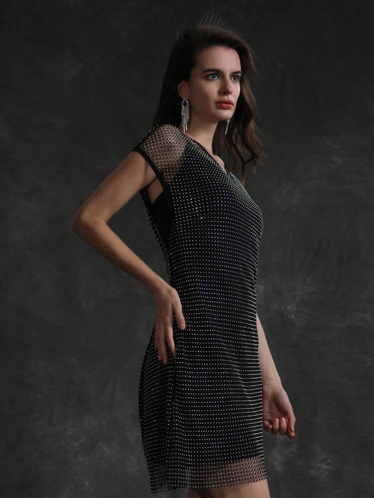 Mesh & Rhinestone Embellished Elegant Dress