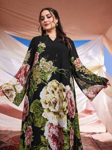 Al Najma Ramadan Plus Floral Print Notched Neckline Dress - Black - View 4