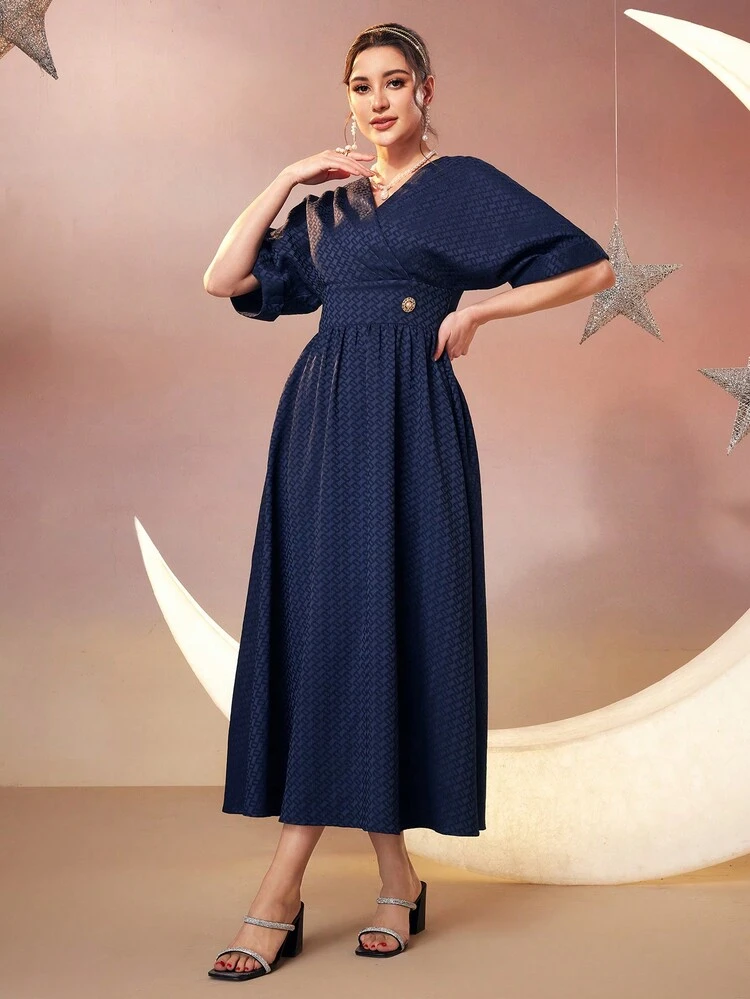 Ladies' Solid Color Jacquard Batwing Sleeve Dress Long Evening Dresses