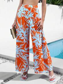 SHEIN VCAY Holiday Plant Print Wide Leg Pants - Orange - View 5