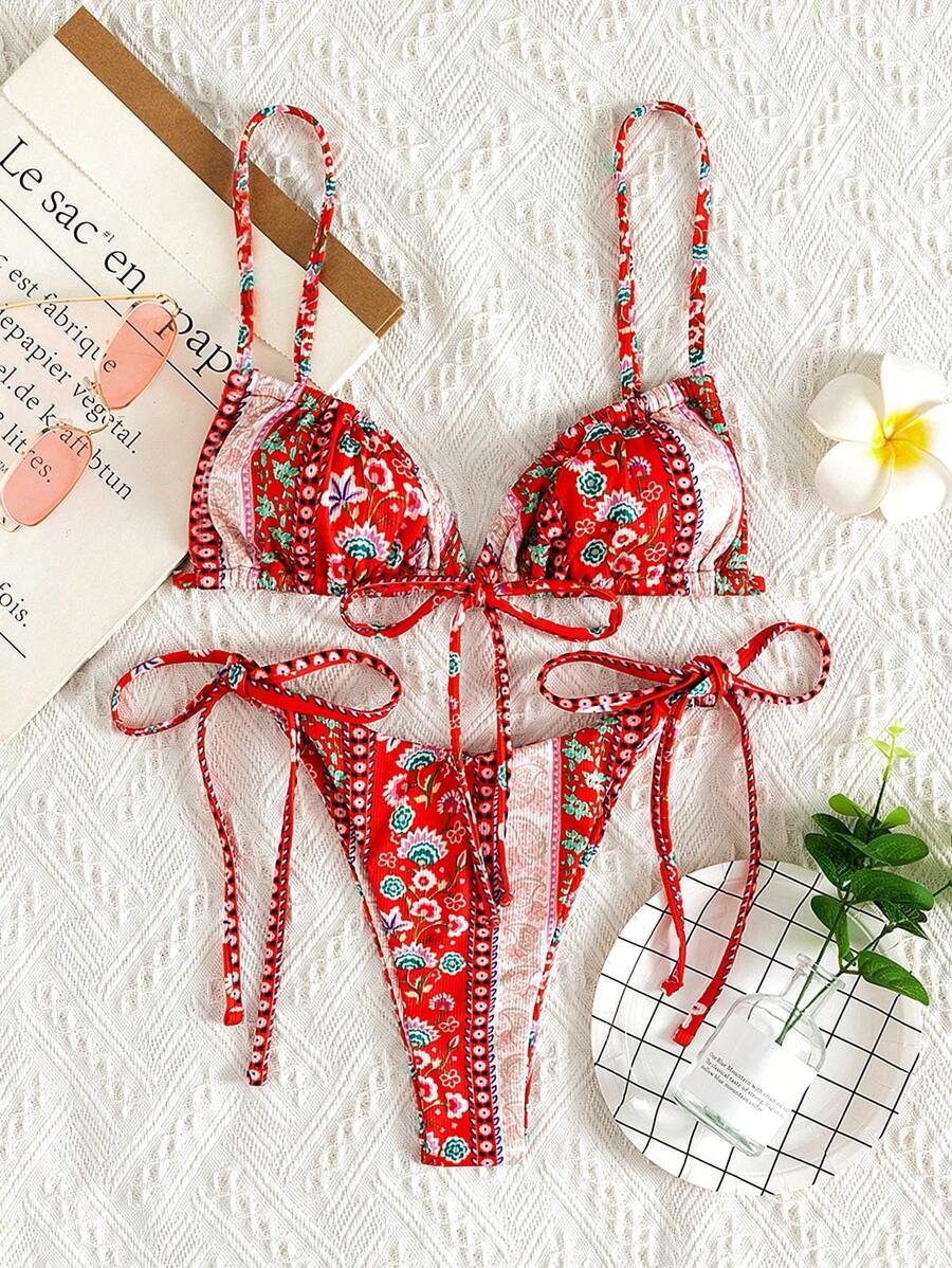 SHEIN Swim 夏季海灘佩斯利和 Ditsy 花卉繫帶側比基尼 - 彩色 - 查看 1