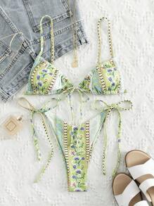 Swim Mod Summer Beach Paisley & Ditsy Floral Tie Side Bikini Set