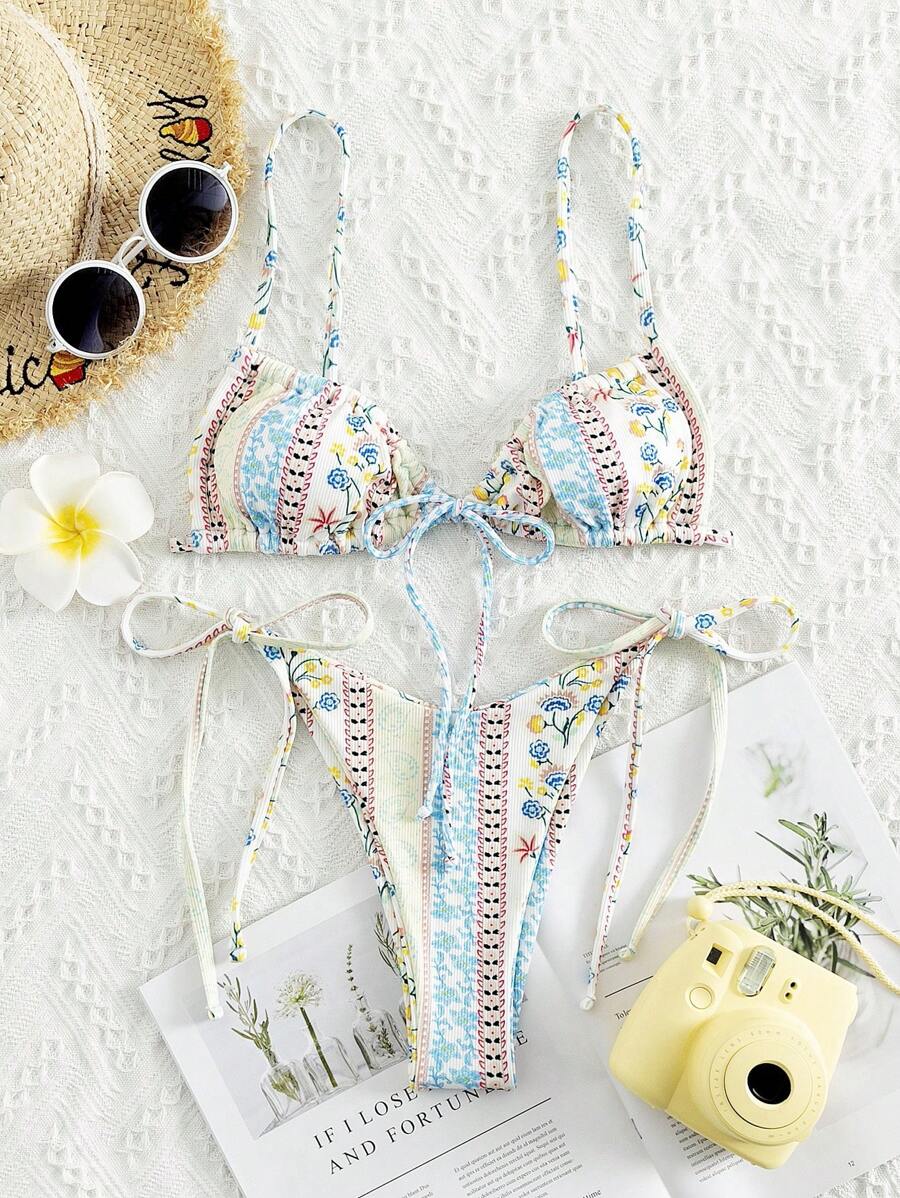 Swim Mod Summer Beach Paisley & Ditsy Floral Bikini Set Tie Front Bra & Thong Bottom 2 Pieces Bikini