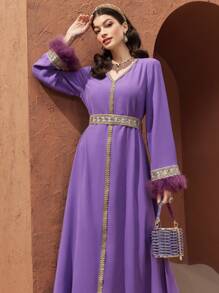 Al Najma Woolen Hem Cuff Knit Strap Spliced Modest Full Length Jalabiya Dress, Kaftan - Purple - View 1