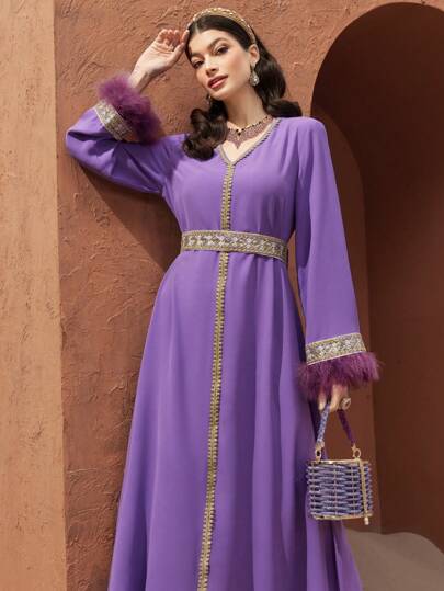Al Najma Woolen Hem Cuff Knit Strap Spliced Modest Full Length Jalabiya Dress, Kaftan