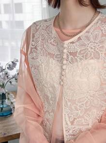 FRIFUL 女士对比色蕾丝网眼衬衫，透明