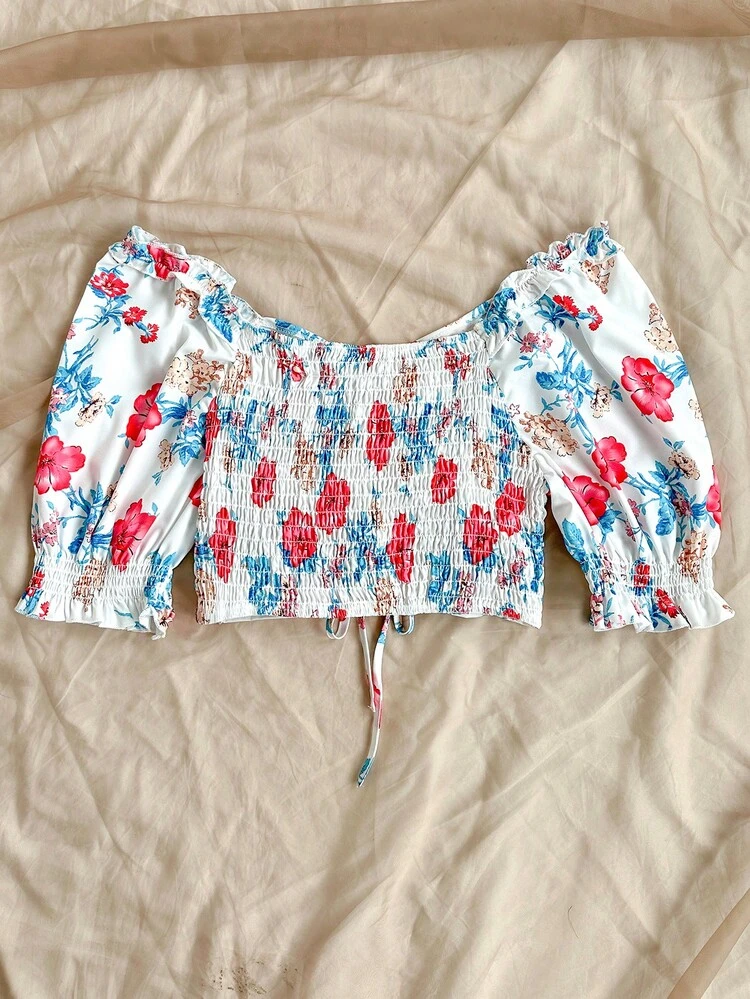 Plus Size Floral Print Cropped Blouse With Ruffle Hem And Drawstring
