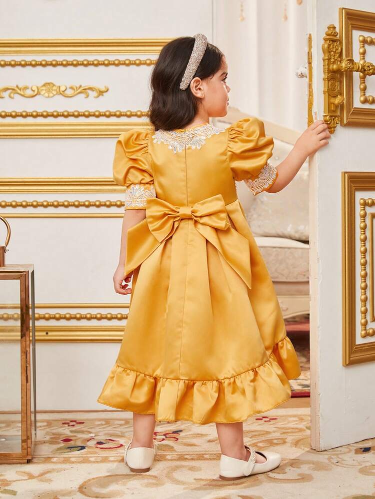 Young Girls' Gorgeous Sequin Decor Round Neck Puff Sleeve Ruffle Hem Dress