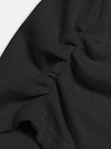 SHEIN Girlism 少女用肋式編織拼接和色塊花邊修飾的方領短袖T卹 - 黑色 - 查看 3