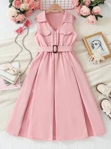 SHEIN 1pc Tween Girls' Pink Sleeveless Casual Dress - Pink - View 1