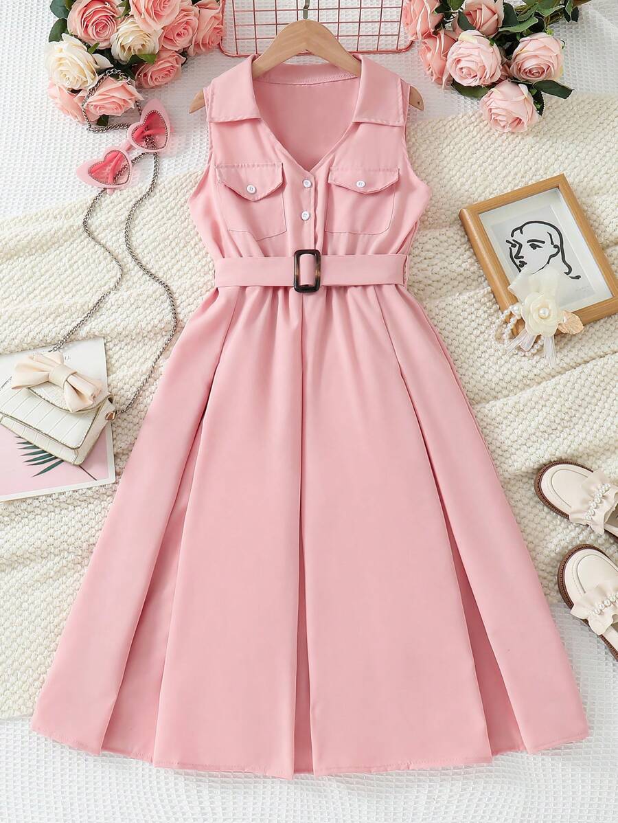 SHEIN 1pc Tween Girls' Pink Sleeveless Casual Dress - Pink - View 1