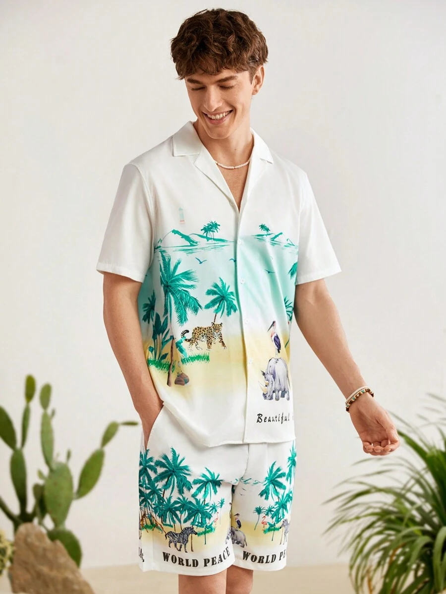 Manfinity VCAY Men's Coconut Tree Print Shirt And Drawstring Waist Shorts - Multicolor - View 1
