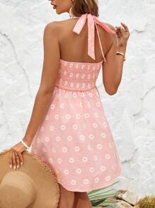 SHEIN VCAY 女士格紋和雛菊印花露背連身裙 - 粉色 - 查看 2