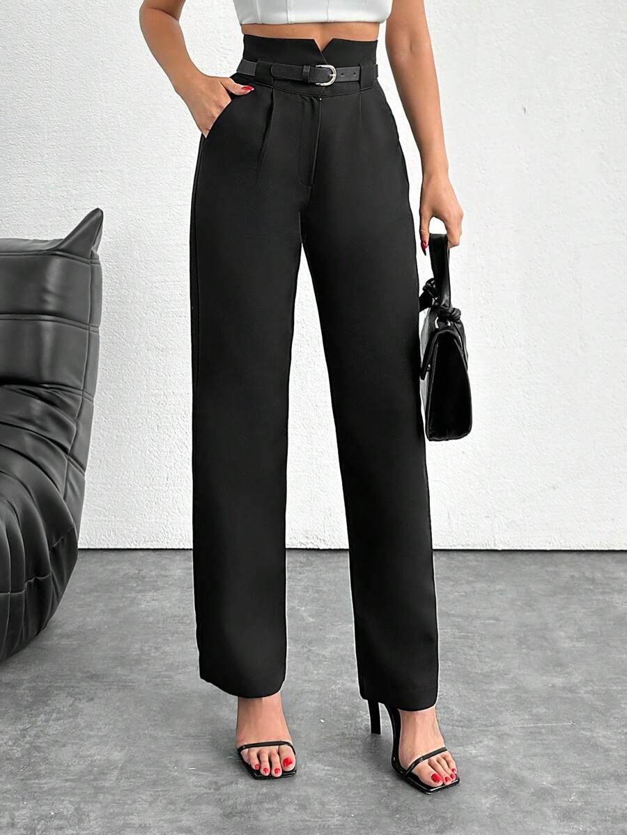 EURMUSE Black Slit Waist Straight Pants - Black - View 1