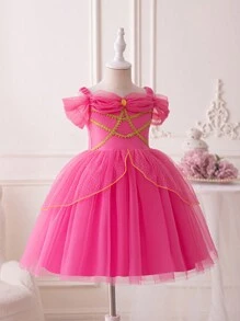 SHEIN Glamorique Kids Mother's Day Gift Mommy And Me Outfits Jasmine Princess Dress Rose Red Birthday Party Wedding Festival Dress Girls Bubble Sleeve Dress Gemstone Stage Middle East Summer Beach Playful Tropical Seaside Four Seasons - Hot Pink - View 3