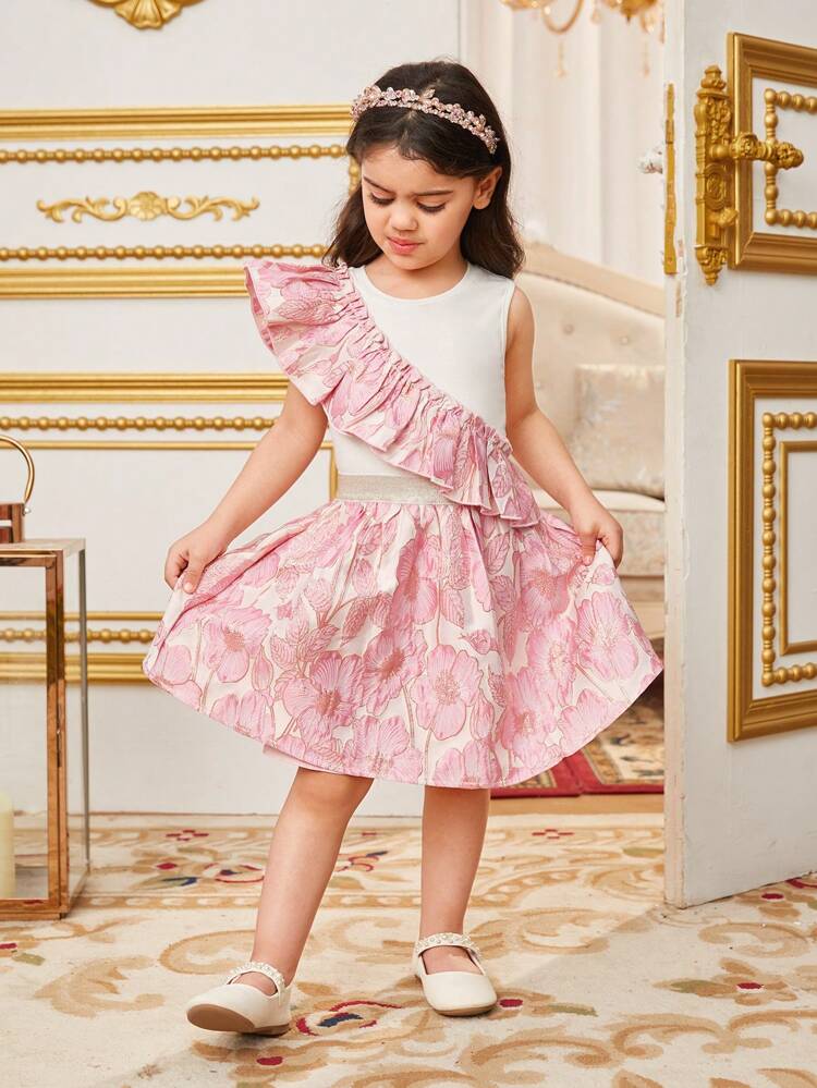 Young Girl Patchwork Ruffle Trim Floral Jacquard Top And Skirt Set