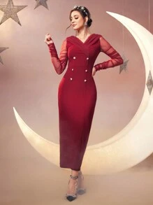 Modelyn 女士 V 领透明网眼长袖双排扣连衣裙，优雅晚会礼服 - 紅色 - 查看 7