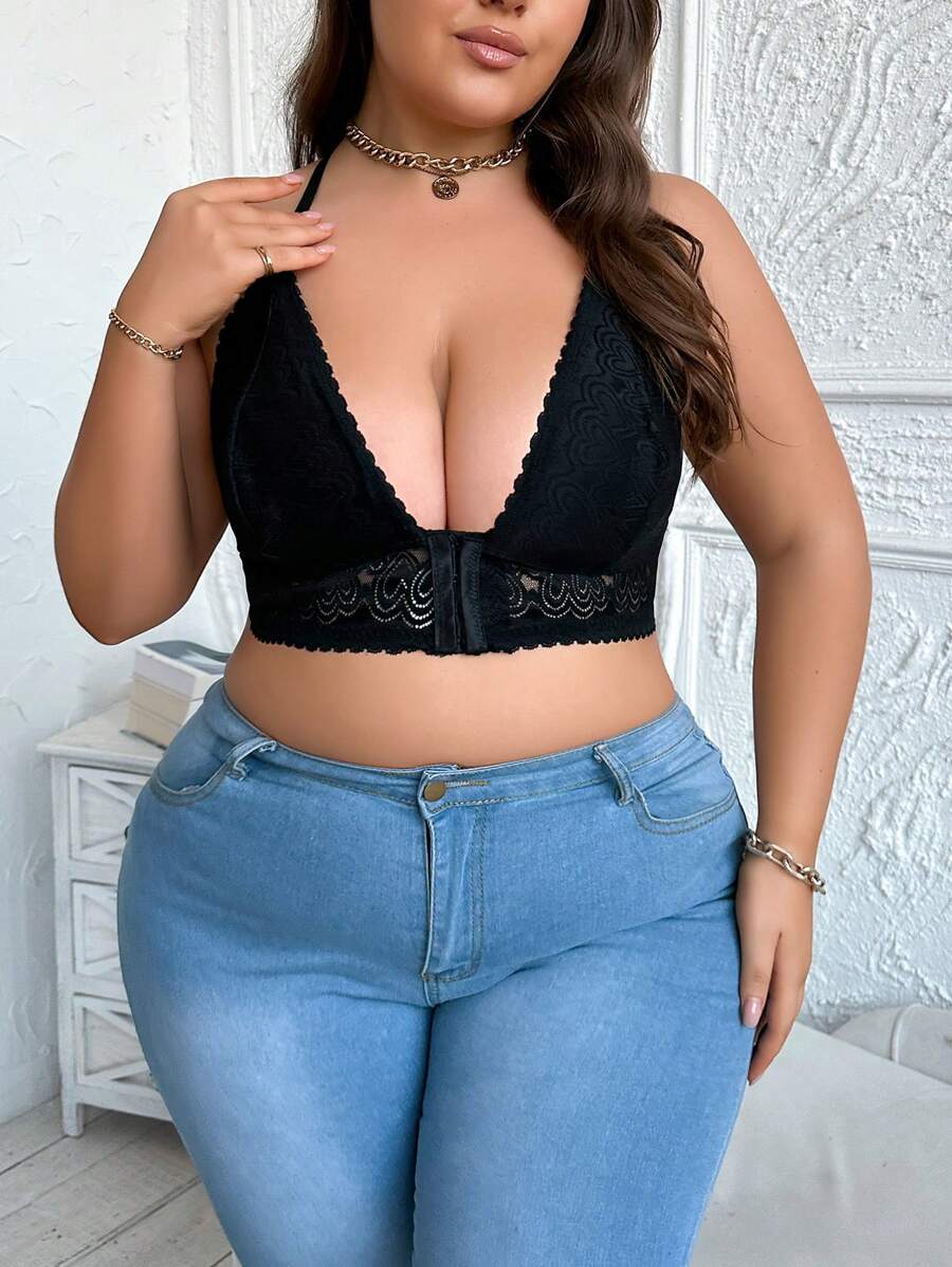 Plus Size Lace Wireless Bra Lingerie - Black - View 1