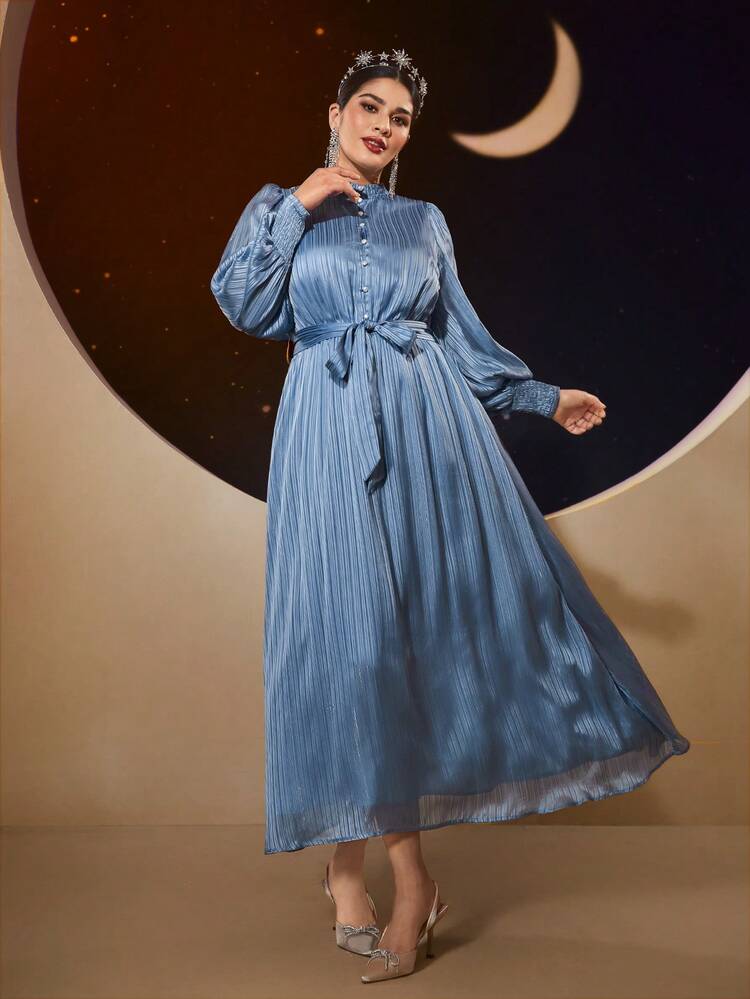 Plus Size Women's Satin Pleated Stand Collar Arabian Dress,Elegant Evening Party Dress Long Evening Dresses