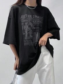 DAZY Áo thun rộng in khẩu hiệu nhân vật nữ, áo thun họa tiết, áo phông cỡ lớn - màu đen - Xem 2