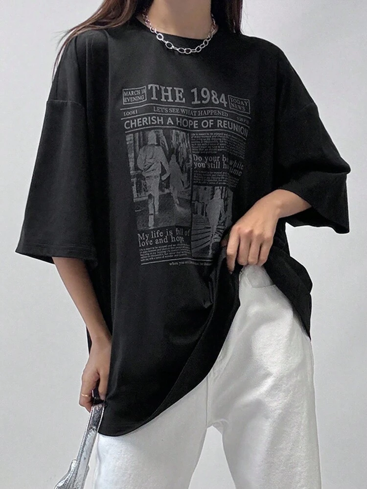 Women's Character Slogan Printed Drop Shoulder Loose T-Shirt Graphic Tee Oversized T-Shirt