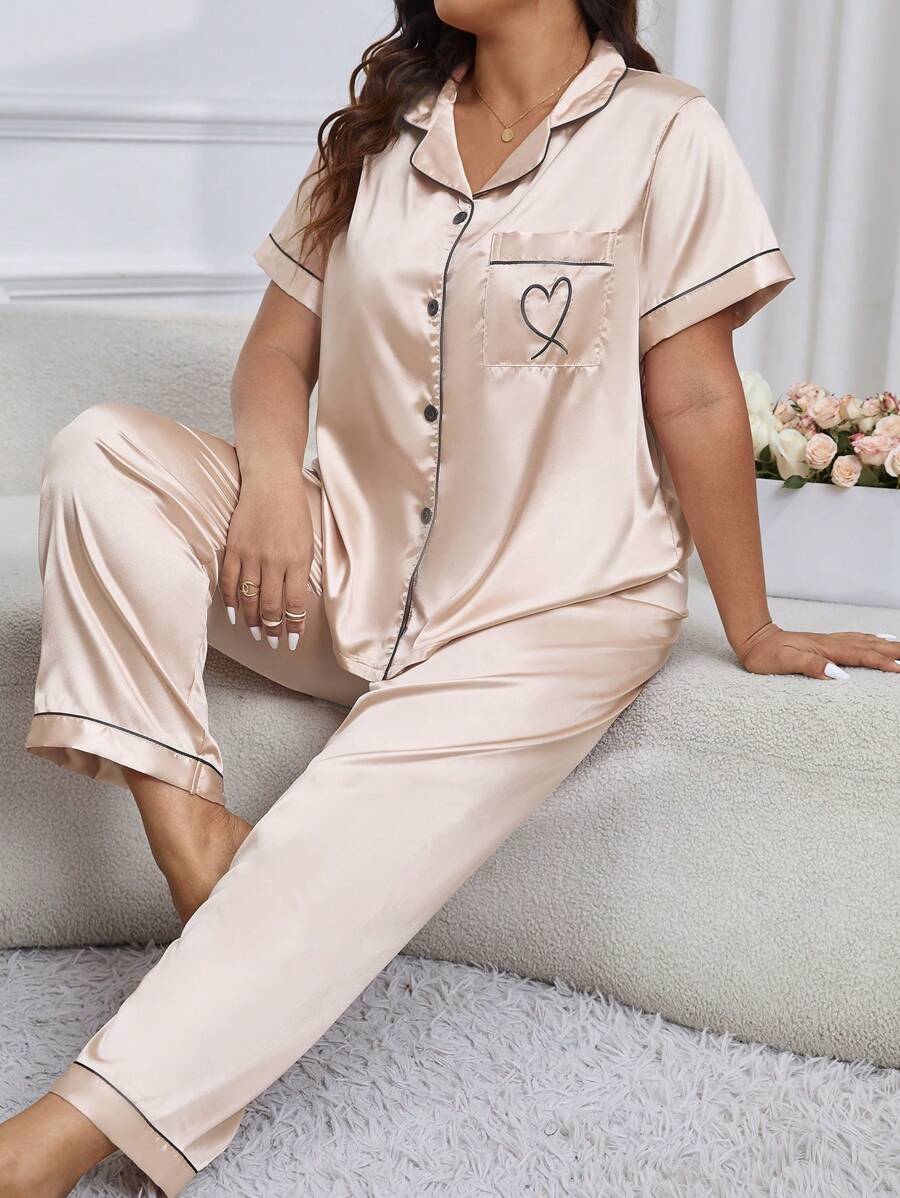 LuxeNights Plus Size Imitation Silk Heart Embroidery Top & Pants Pajama Set