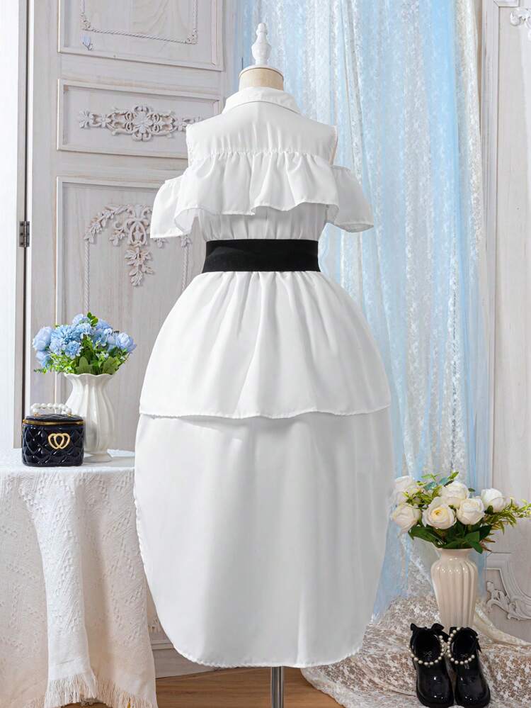 One Piece Off-Shoulder Asymmetrical Hem Colorblock Dress With Ruffle Trim Waist Belt For Tween Girls